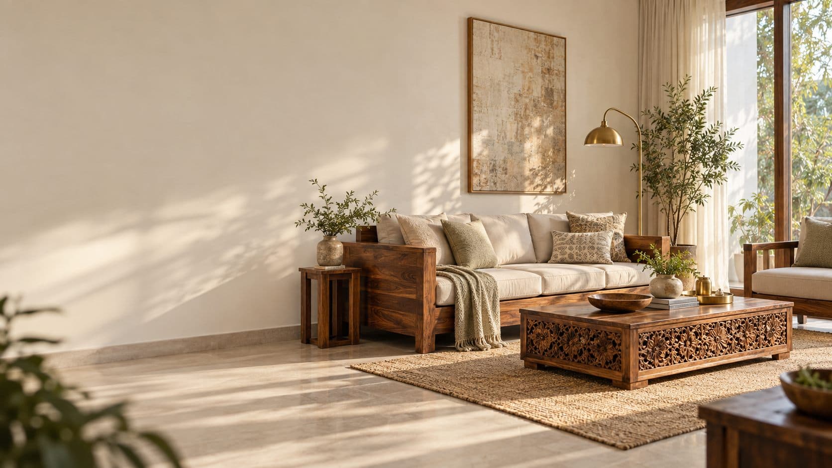 A living room furnished in solid wood, lit by afternoon daylight