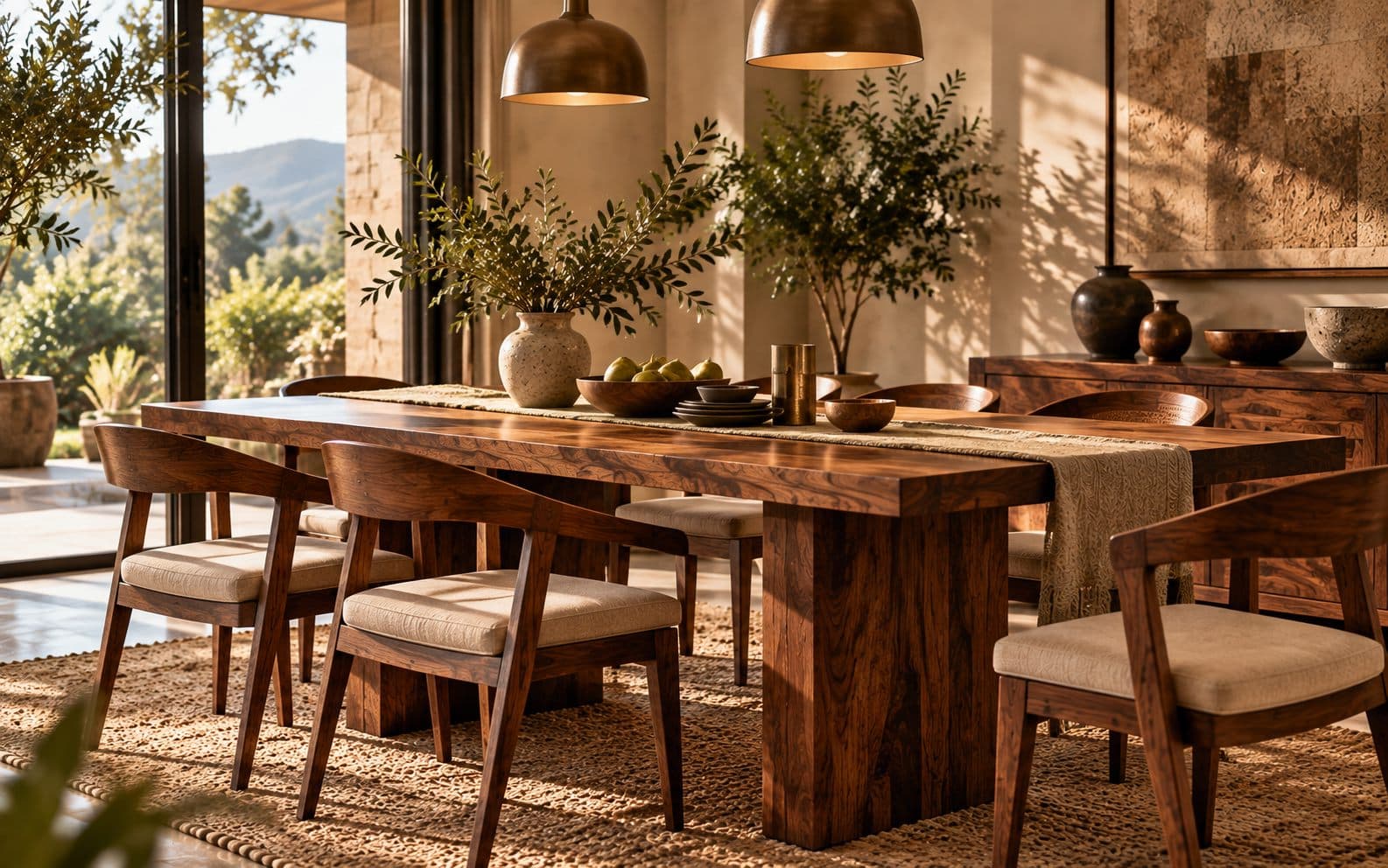 A solid wood dining table set with cane-back chairs