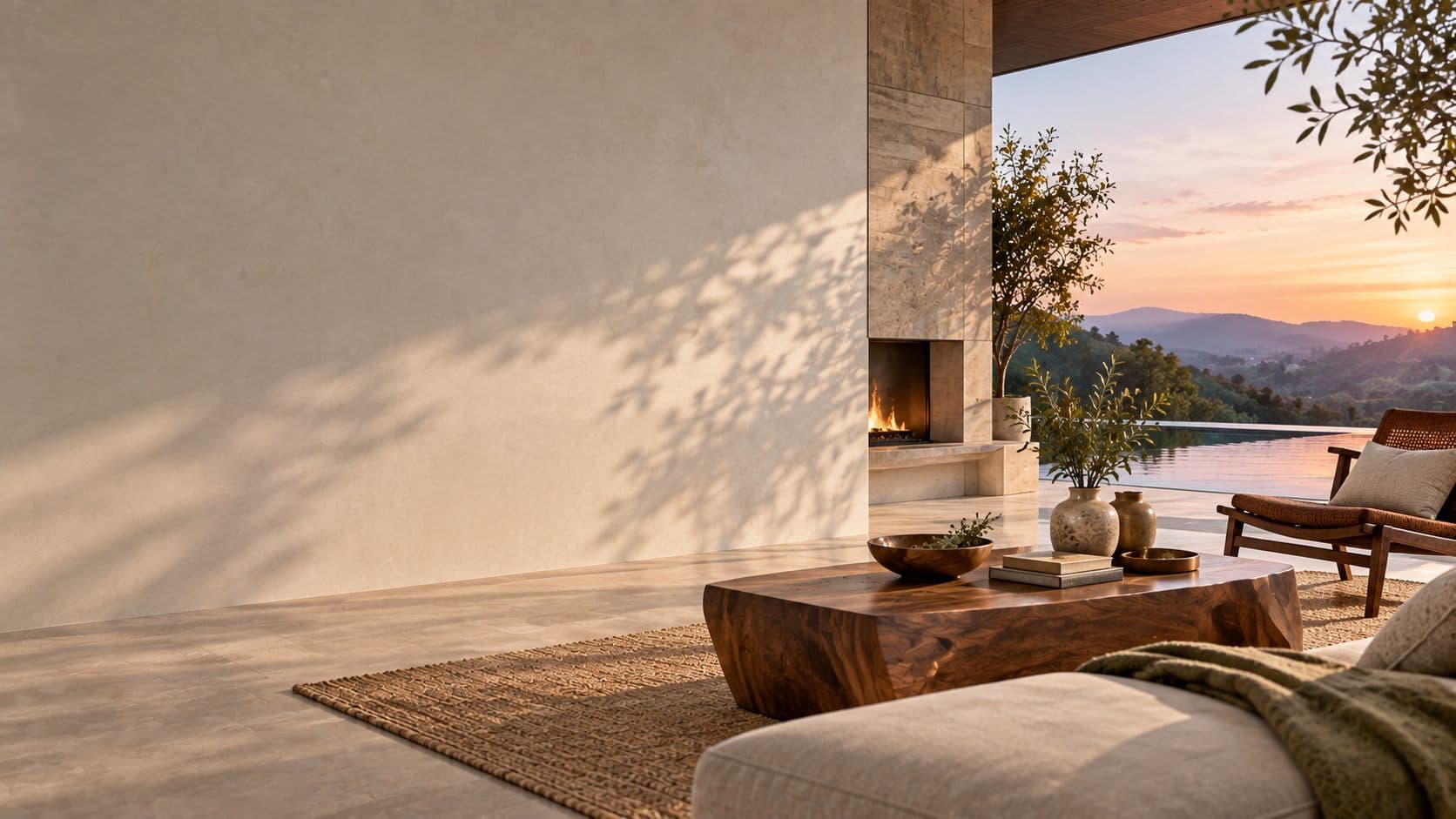 A solid wood living room at golden hour