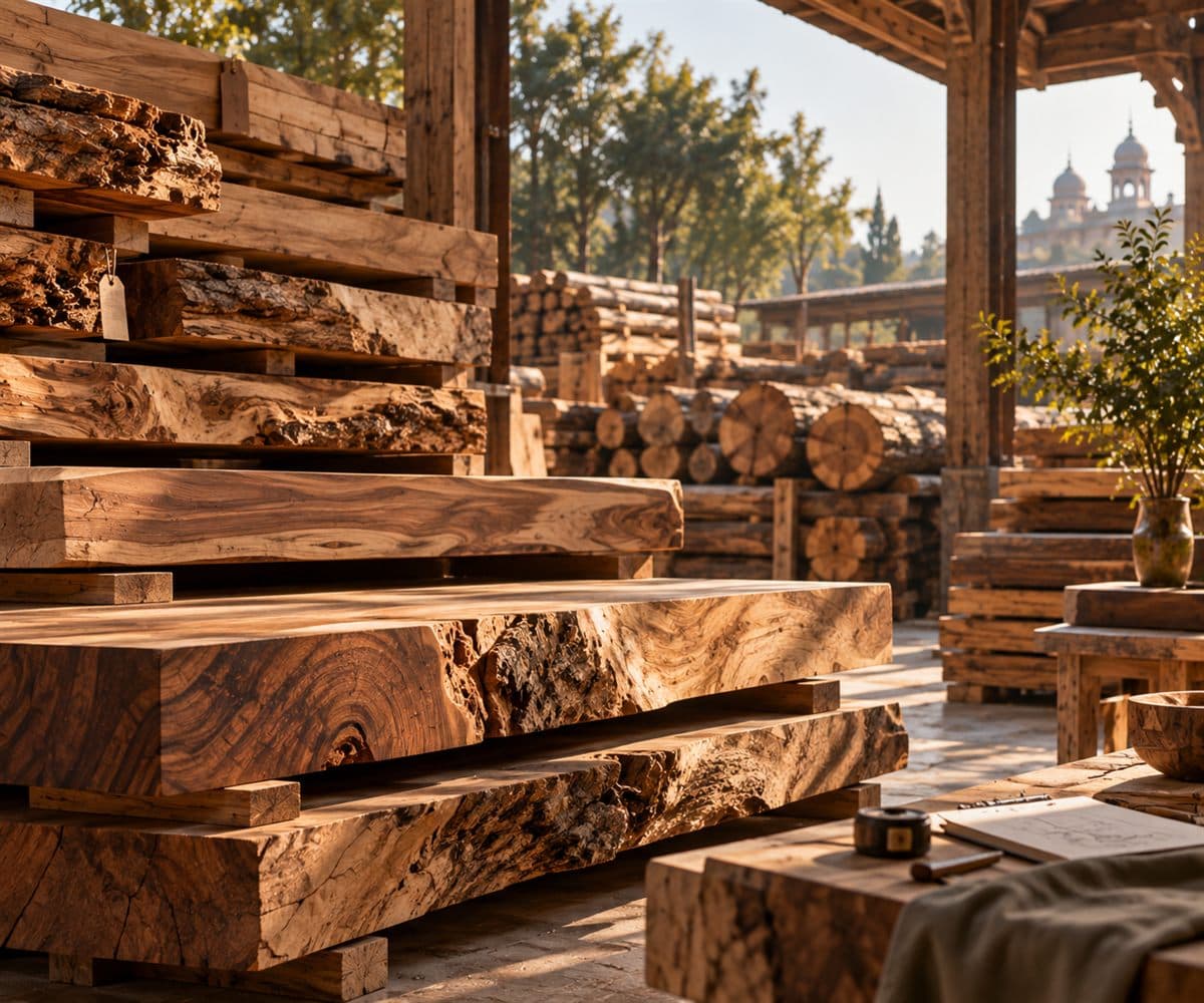 Stacks of seasoned timber in a yard