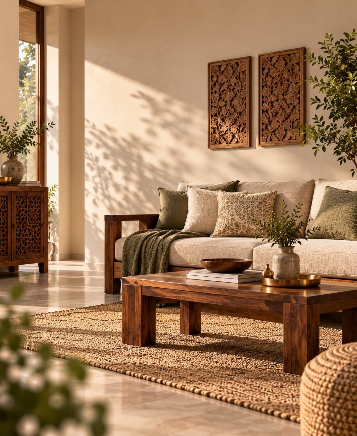 A solid wood living room set in warm light