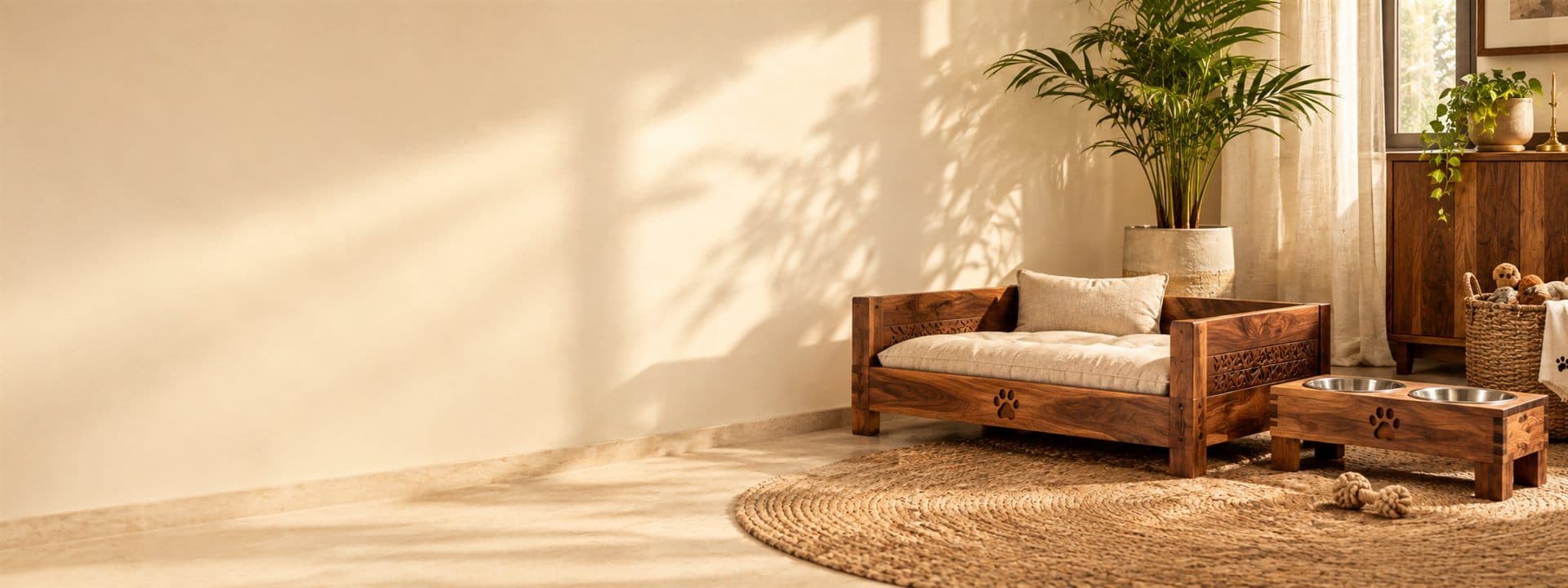 A solid wood pet bed and feeding bowls in a sunlit corner
