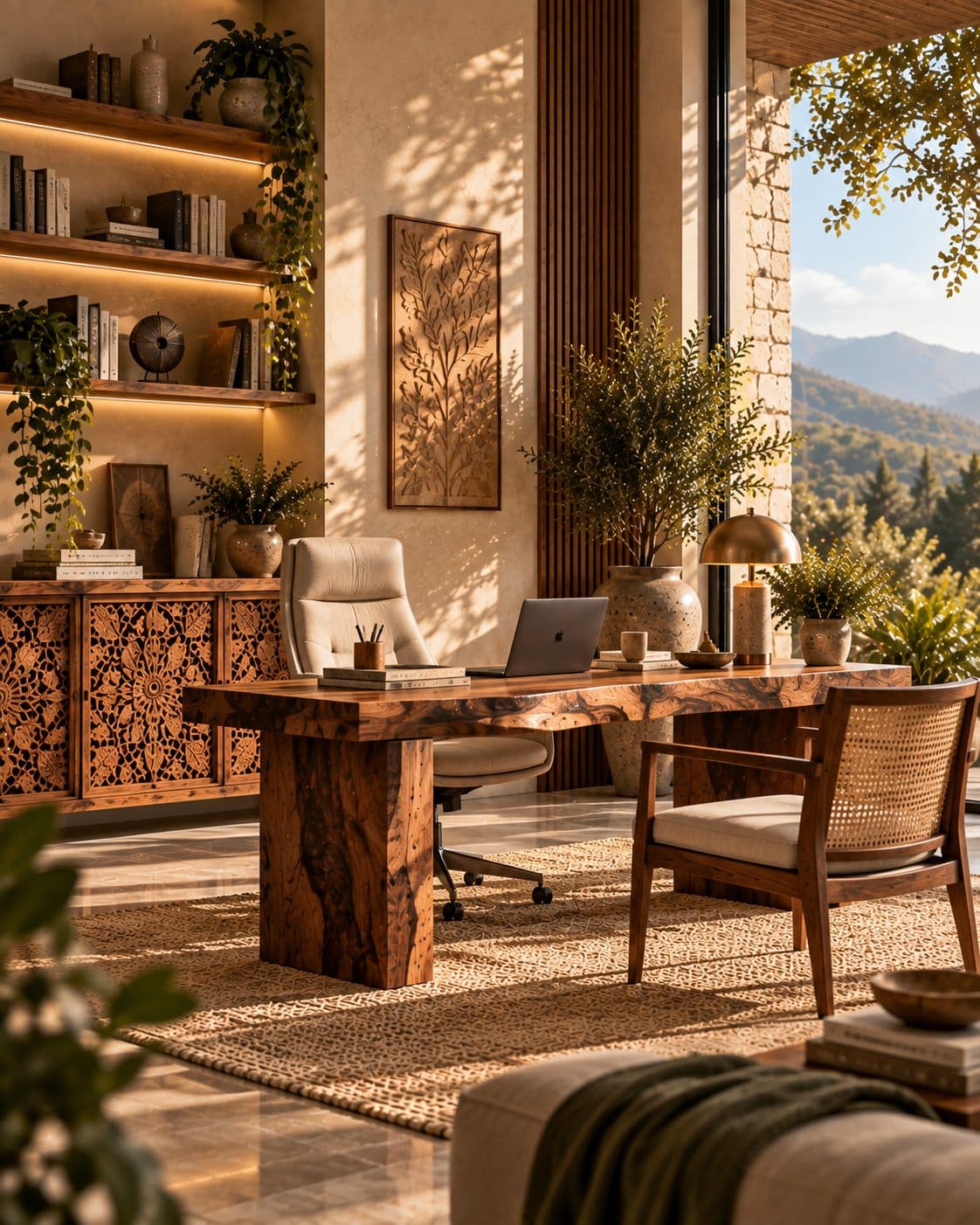 A solid wood desk in a sunlit home office