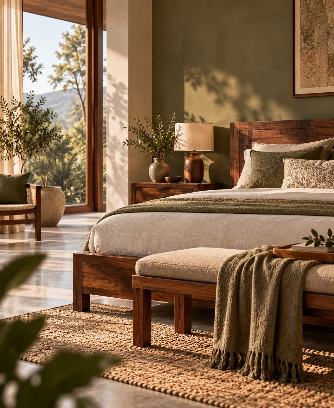 A solid wood bed in a calm bedroom