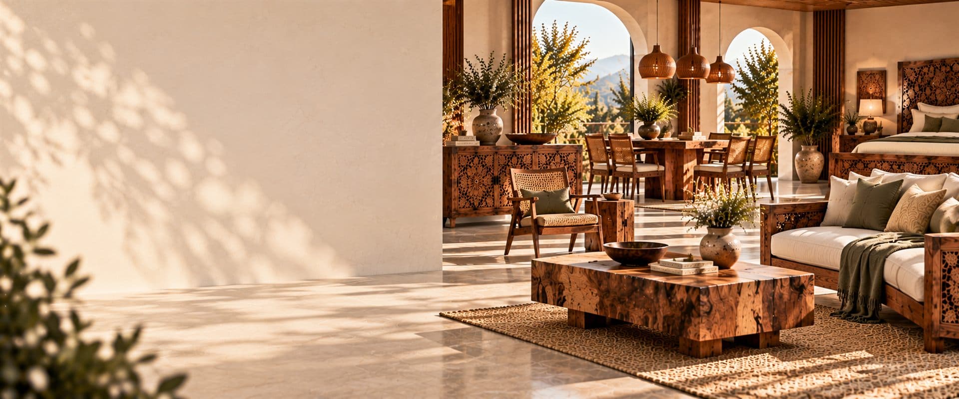 A solid wood living room in warm daylight