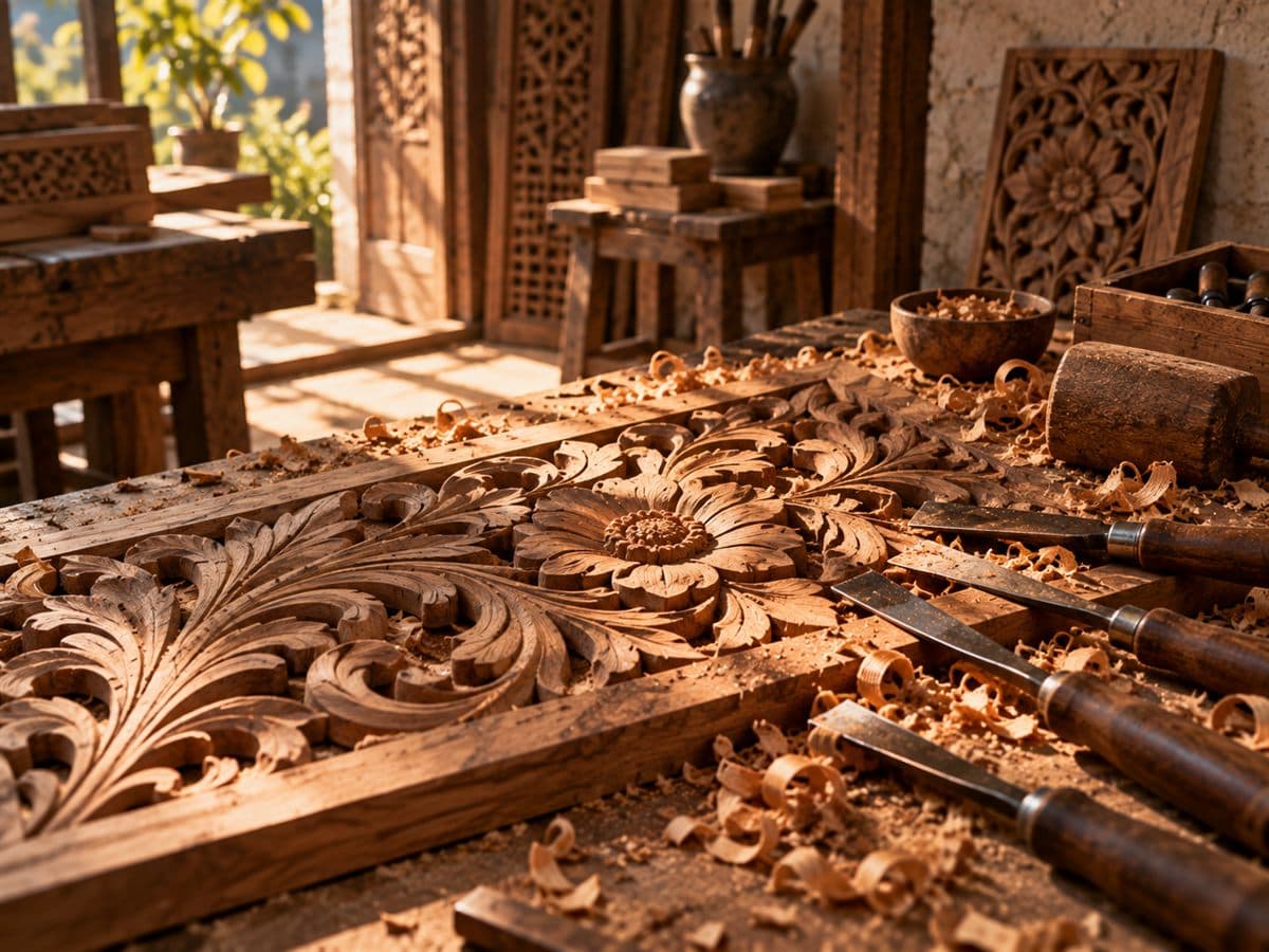 Chisels beside a half-carved floral panel