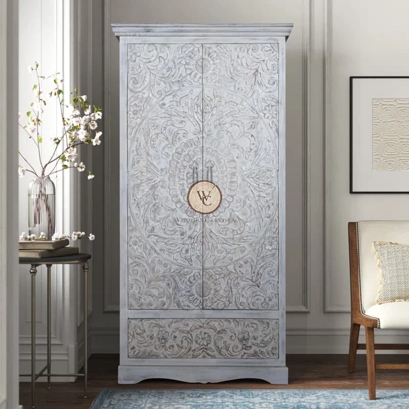 Mango Wood Hand-Carved Armoire/Wardrobe