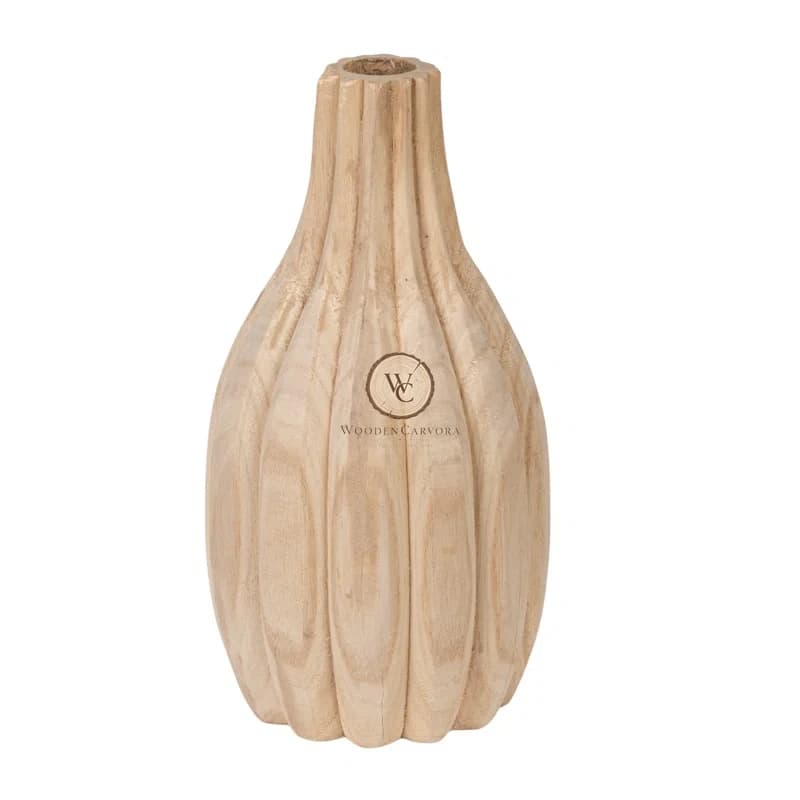 Mango Wood Round Hand-Carved Decorative Vase