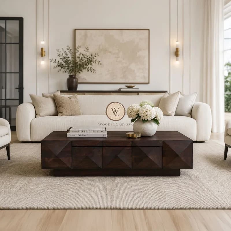 Sheesham Wood Hand-Carved Coffee Table with Storage Drawer