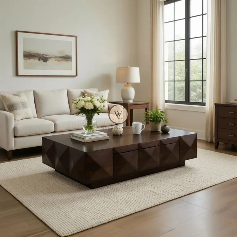 Sheesham Wood Hand-Carved Coffee Table with Storage Drawer, another view
