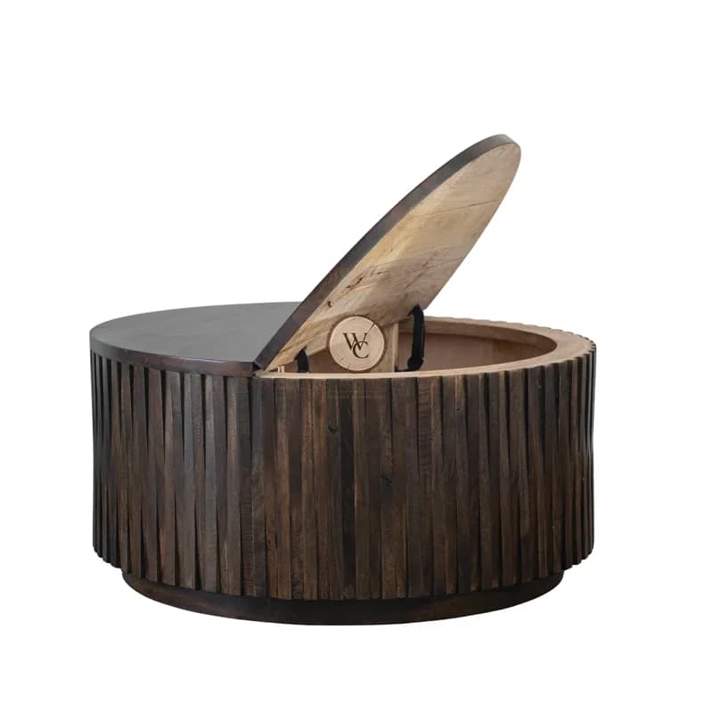 Mango Wood Round Hand-Carved Coffee Table with Storage