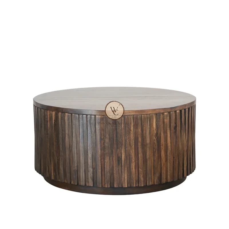 Mango Wood Round Hand-Carved Coffee Table with Storage, another view