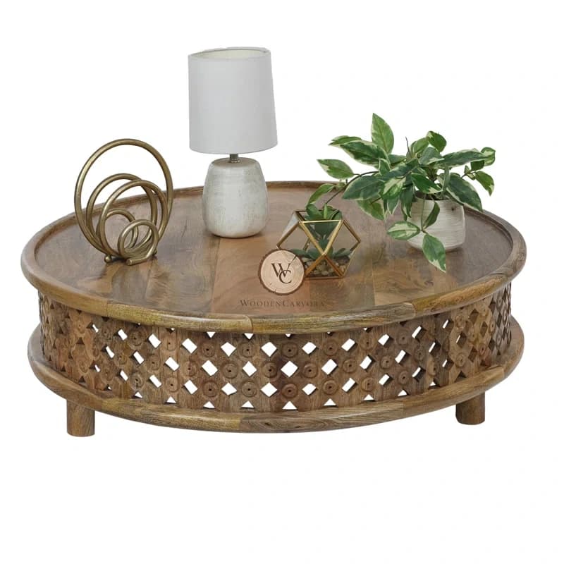 Mango Wood Round Hand-Carved Coffee Table, another view