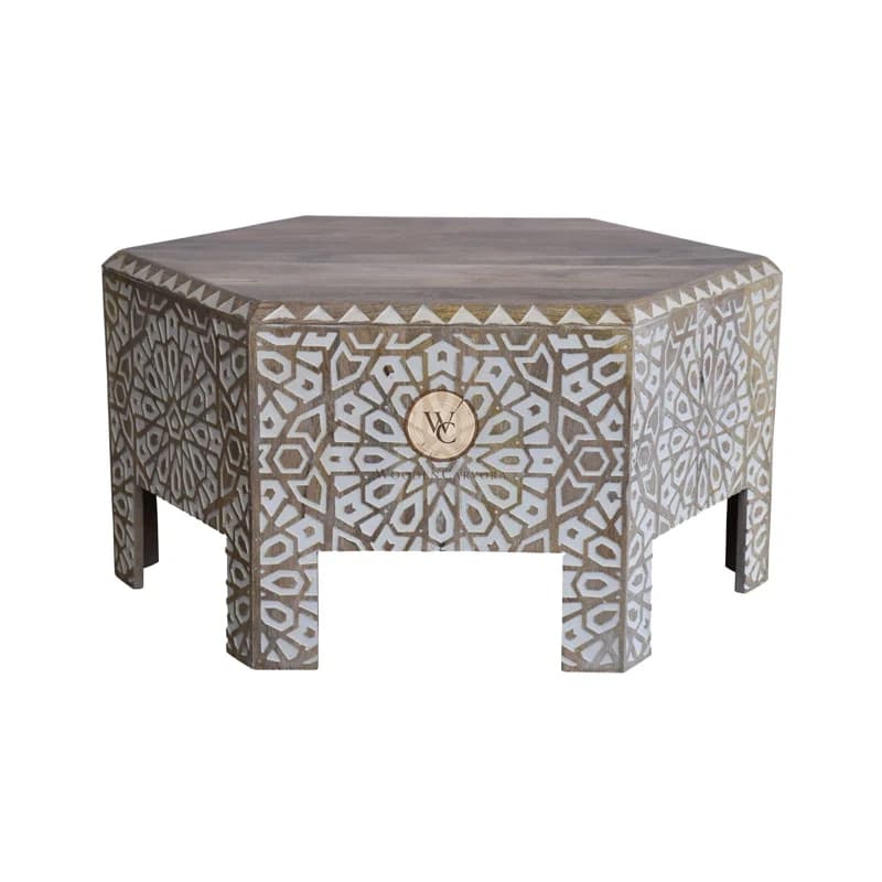 Mango Wood Hand-Carved Hexagon Coffee Table