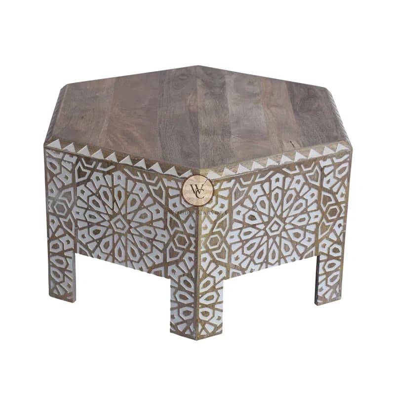 Mango Wood Hand-Carved Hexagon Coffee Table, another view