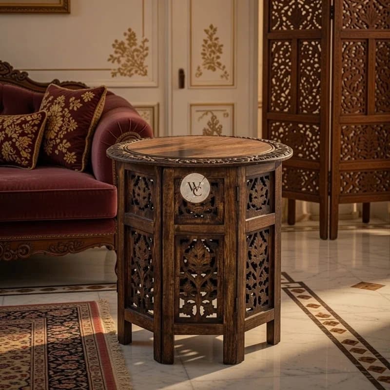 Sheesham Wood Hand-Carved Folding Accent Table