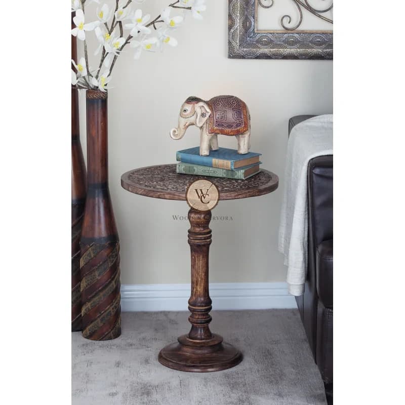 Mango Wood Hand-Carved Accent Table