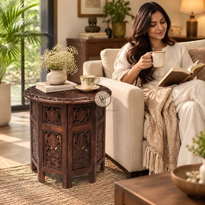 Mango Wood Round Hand-Carved Accent Table