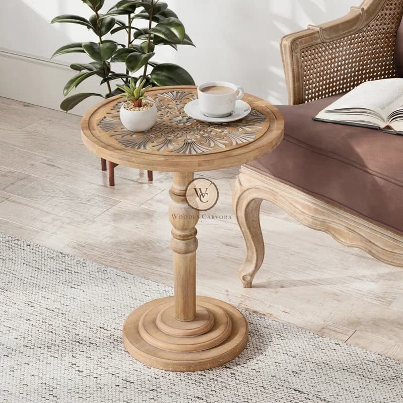 Mango Wood Round Hand-Carved End Table 2