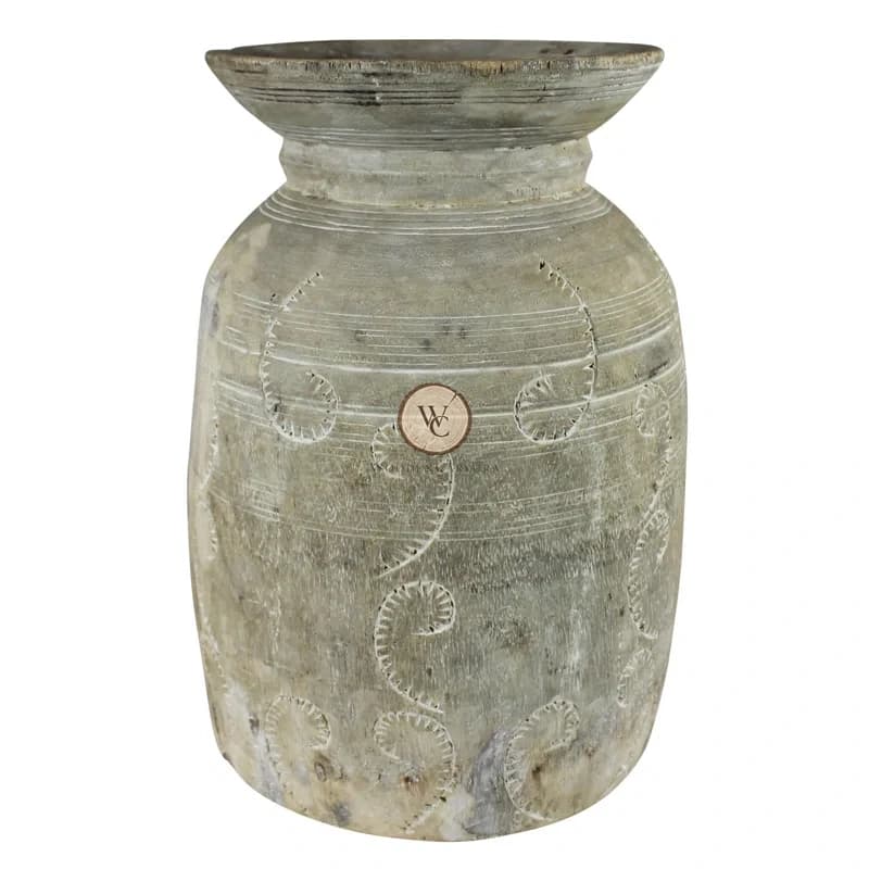 Mango Wood Hand-Carved Pot Sculpture