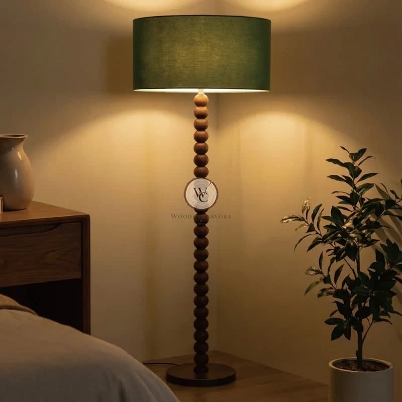 Retro Rubberwood Floor Lamp with Linen Shade