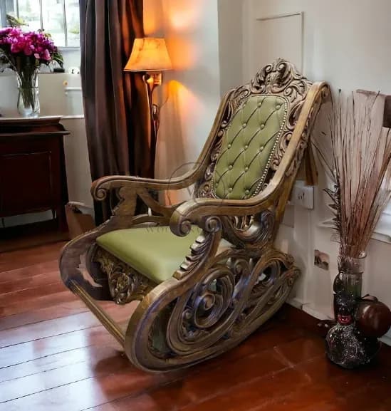 Draco Wooden Rocking Chair, Modern Lounge Chair, Hand Carved Walnut Wood Chair, another view