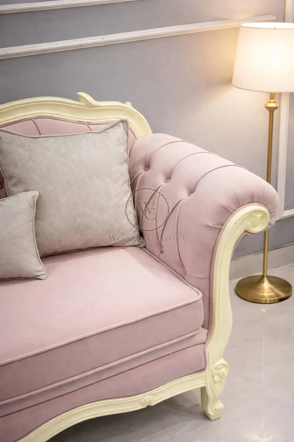 French-style carved pink sofa, another view