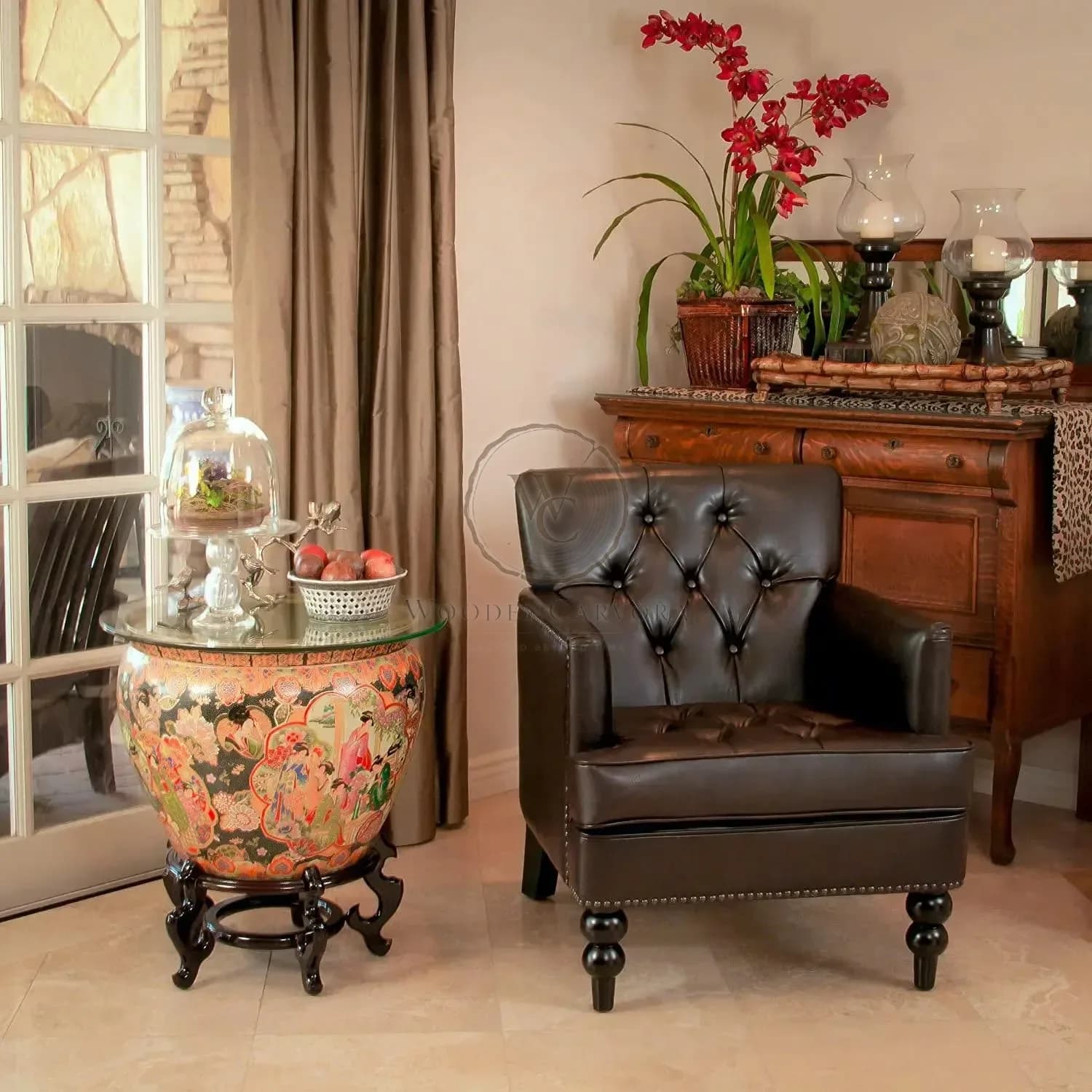 Wide Tufted Upholstery Club Chair with Arm Rest(Brown)