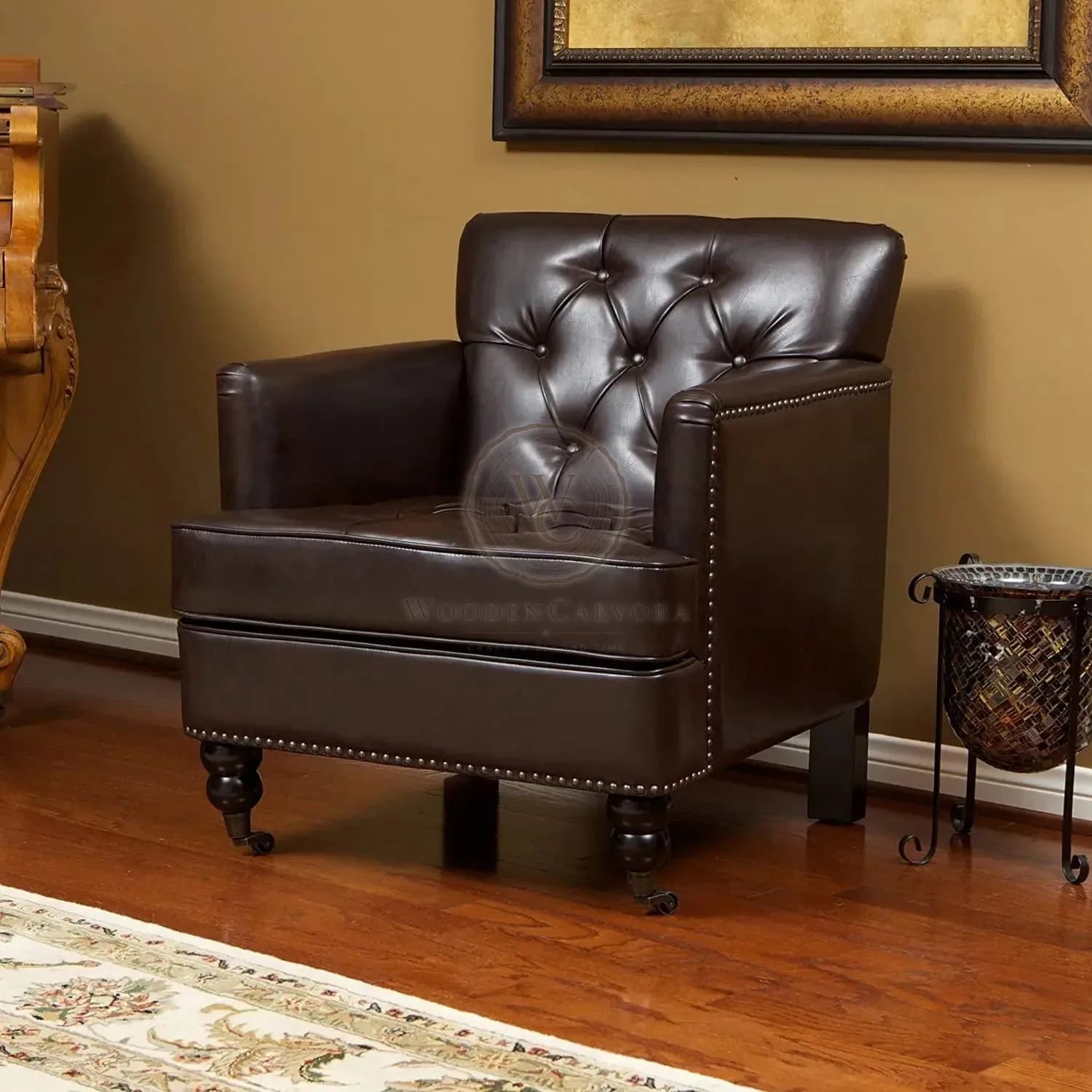 Wide Tufted Upholstery Club Chair with Arm Rest(Brown), another view