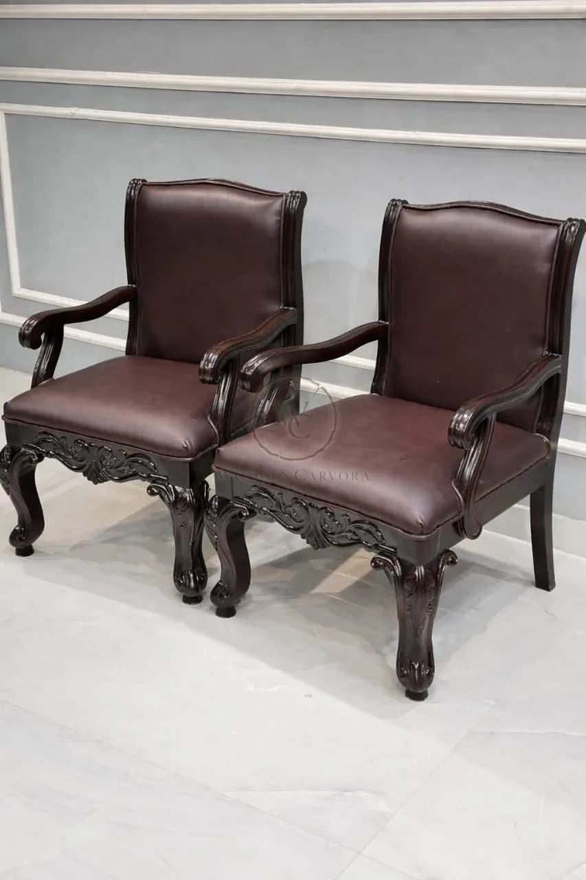 Luxury Solid Wood Leather Accent Chairs (Set of 2) – Hand-Carved Teak Armchairs for Living Room by