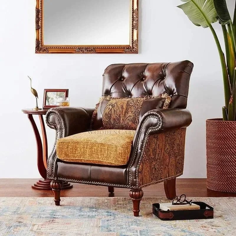 Wooden Handcarved Teak Wood Sofa Wide Tufted Armchair