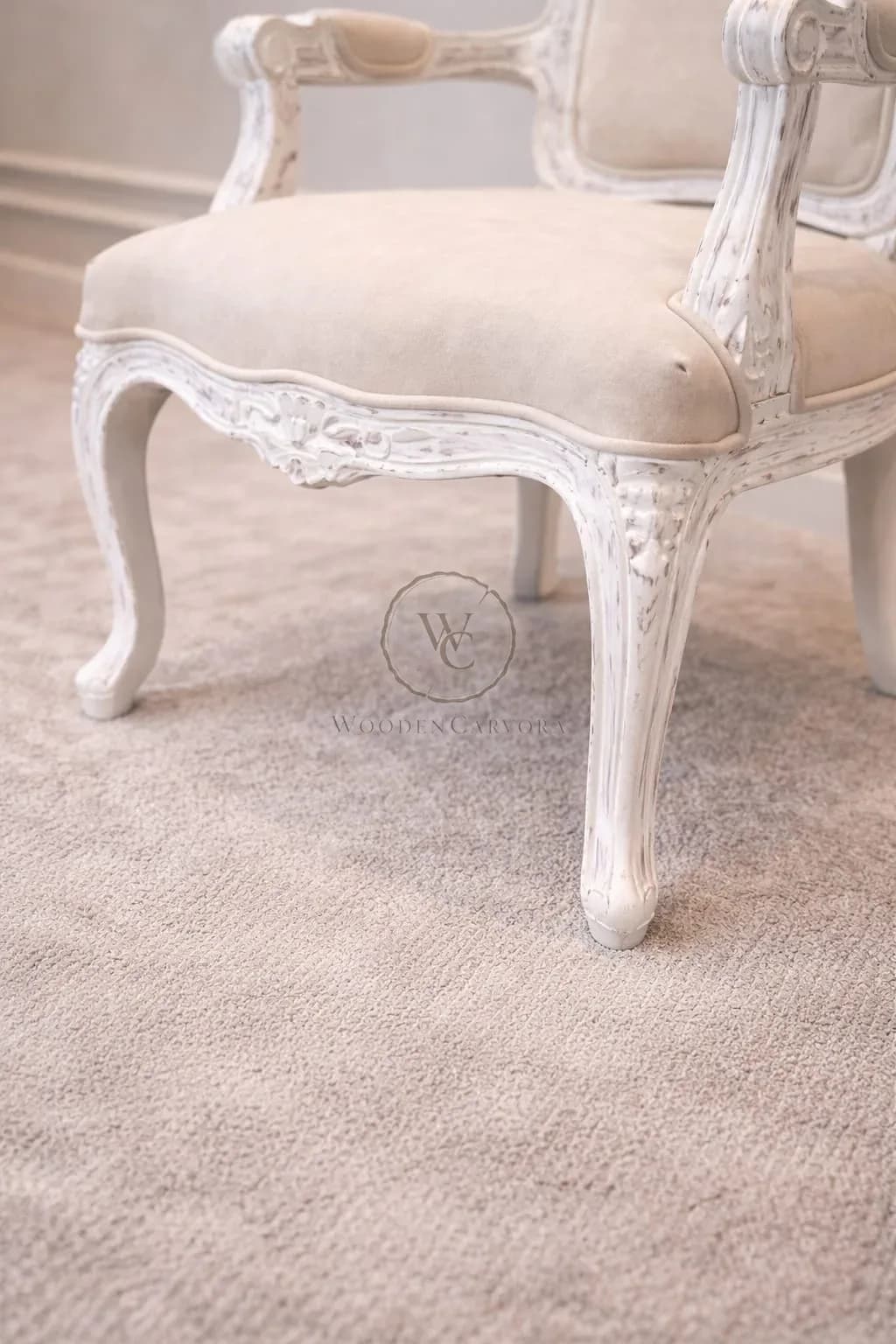 Elegant French Style Upholstered Accent Chair – Vintage White Carved Wood Armchair for Living Room & Bedroom