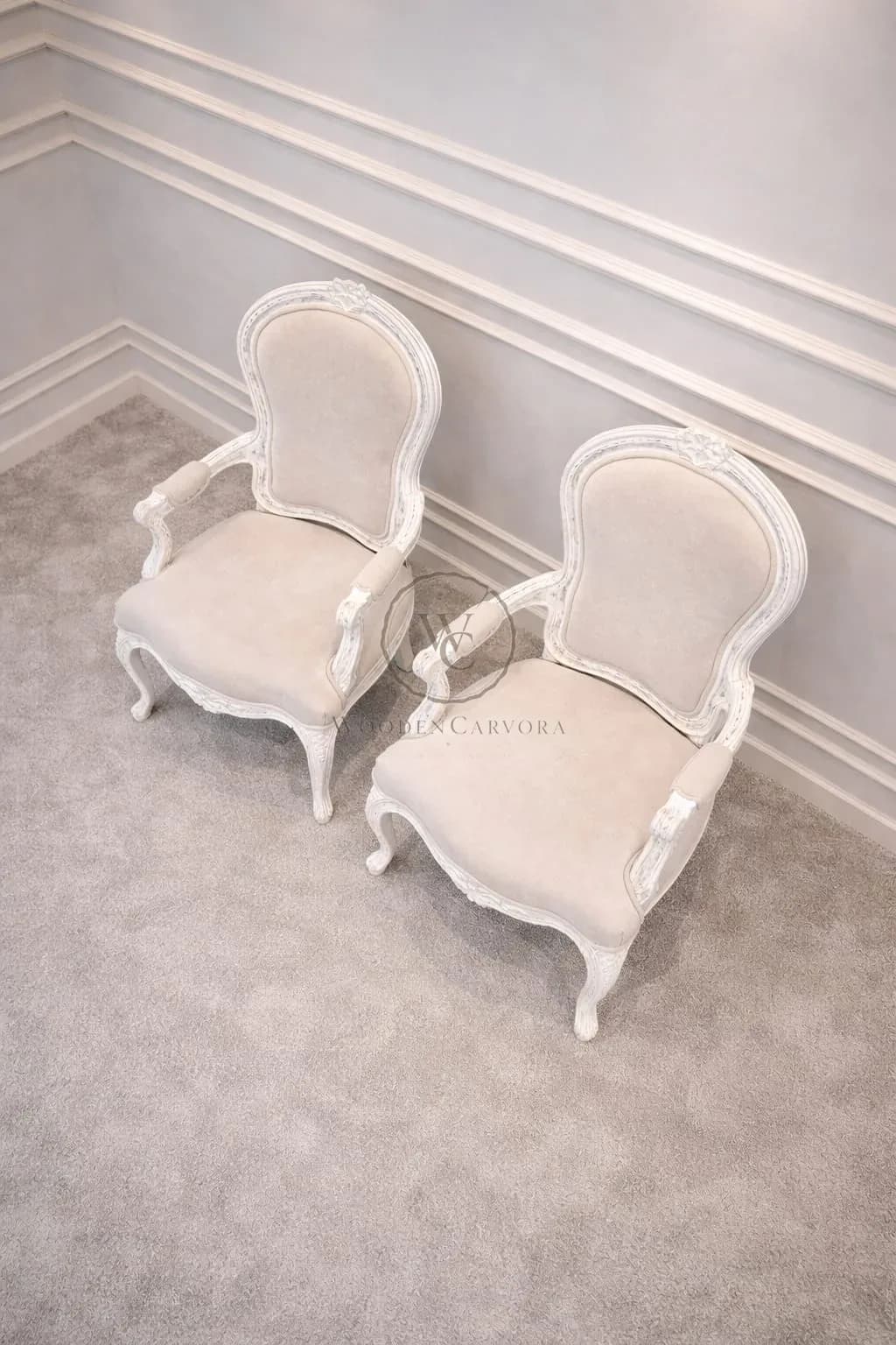 Elegant French Style Upholstered Accent Chair – Vintage White Carved Wood Armchair for Living Room & Bedroom, another view