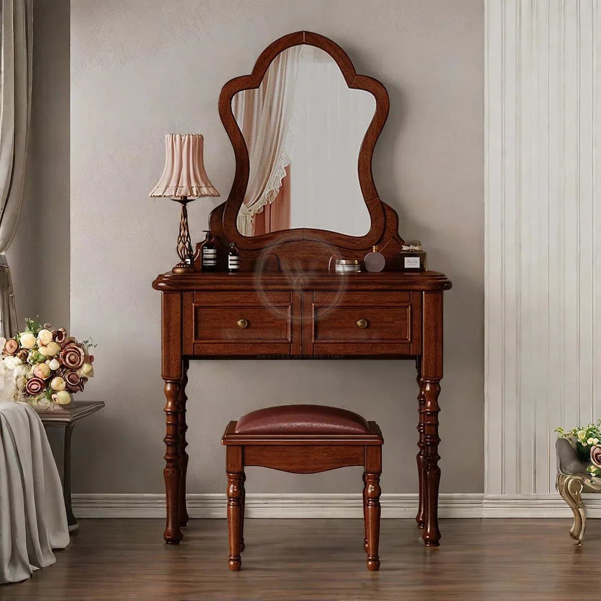Vintage Mahogany Makeup Vanity Set with Petal Mirror & Stool, another view