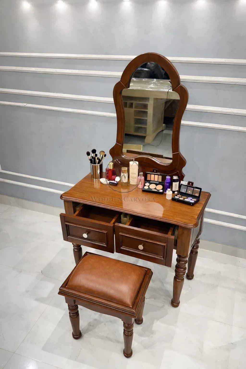Vintage Mahogany Makeup Vanity Set with Petal Mirror & Stool