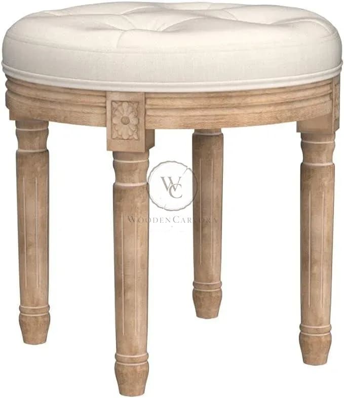 Vintage Round Brushed Wood Stool with Diamond Tufting, 18-Inch, Beige