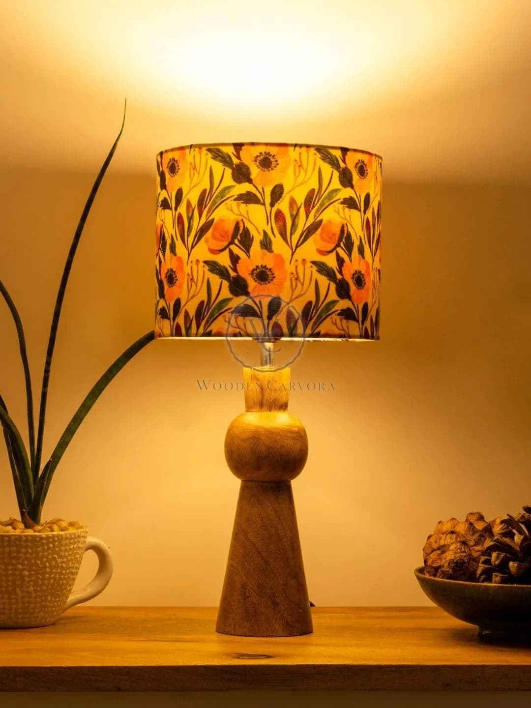 Wooden Skirt Lamp with Multicolor Pink Flowers Shade, another view